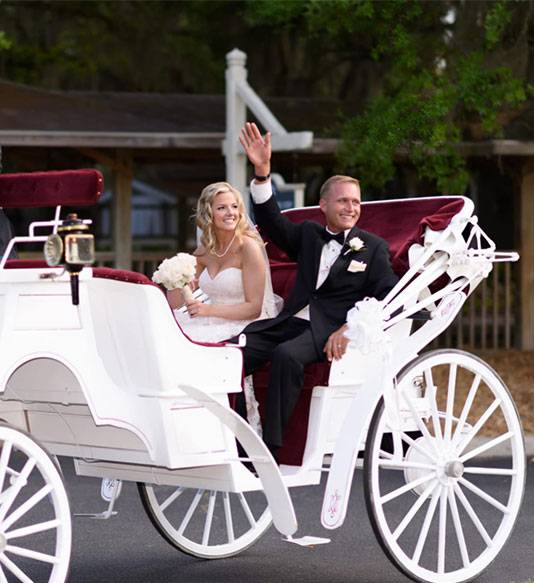 Young married couple riding in a white carriage after their wedding.